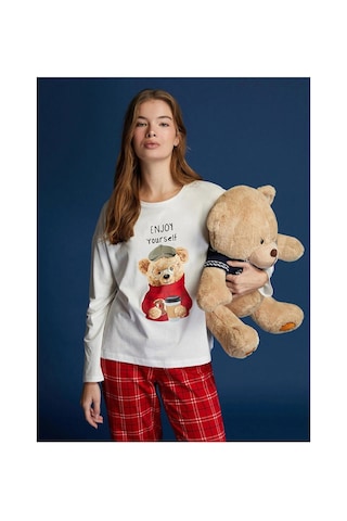 LC Waikiki Lcw Dream Kırmızı Bisiklet Yaka Baskılı Kadın Pijama Takımı Red Prınted