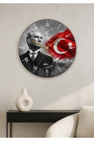 AA Shop Atatürk Temalı Baskılı Dekoratif Baskılı Ahşap Duvar Saati Sessiz Akar Mekanizmalı 806 Çoklu Renkli