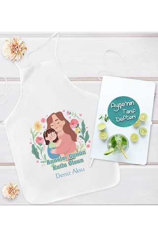 Bk Gift Kişiye Özel Anneler Günü Tasarımlı Mutfak Önlüğü Ve Yemek Tarif Defteri Hediye Seti-4, Anneye Hediye, Anneler Günü Hediyeleri