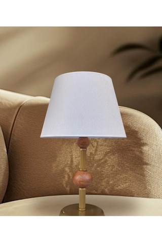 Çift Ahşaplı Abajur Eskitme Krem Rengi Şapkalı Kahverengi