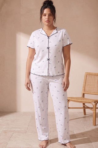 Siyah İnci Beden Fitilli Kaşkorse Örme Pijama Takım26120851 Beyaz Çiçek