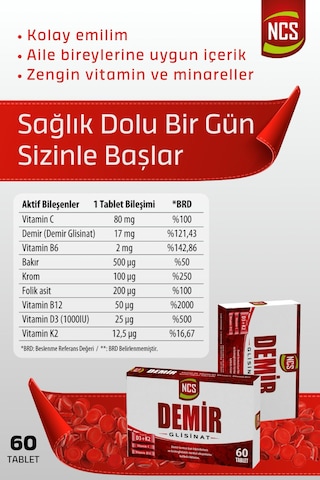 Ncs Demir Glisinat Vitamin D3 K2 Folik Asit Complex 60 Tablet