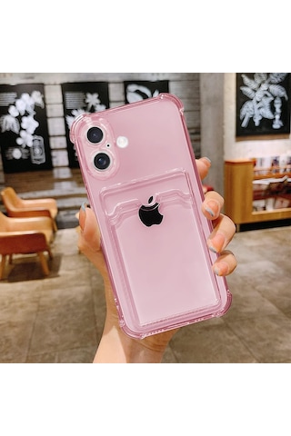 İphone 16 Plus Uyumlu Kamera Korumalı Kartlıklı Köşeleri Airbag Tasarımlı Darbe Önleyici Pembe
