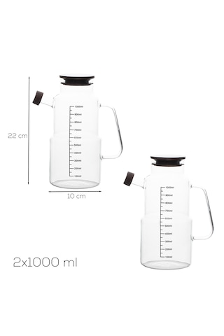 Porsima Lm-0107 Evora Kapaklı Borosilikat Cam 2li Yağlık Sirkelik Yağdanlık Seti 1000ml Şeffaf