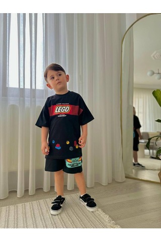 Miniko Kids Erkek Çocuk Legoo Modelli Baskılı Şortlu Pamuk Takım Siyah
