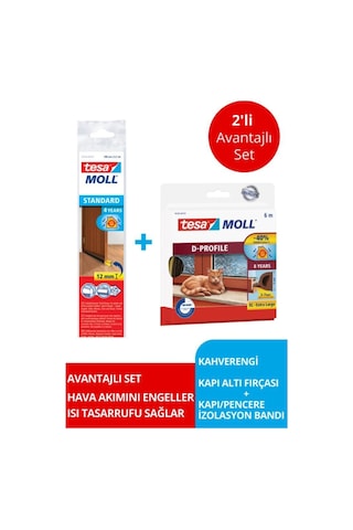 Tesamoll D-profil Kapı Pencere İzolasyon Bandı, 6mx9mmx7mm, Kahverengi + Kapı Altı Hava Akımı Önleyici Fırça, 1mx37mm