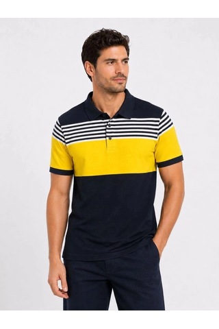 Freedom Store Erkek Pike Kumaş Çizgili Polo Yaka Tişört Kısa Kol Yazlık T-shirt - Lacivert