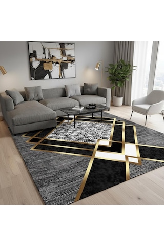 Gri Ve Altın Renklerde Modern Geometrik Desenli Dijital Baskılı Halı Kaymaz Tabanlı, Üçgen Ve