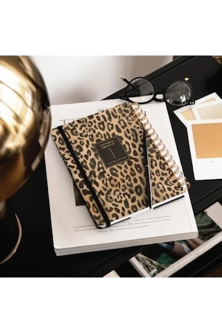 Leopar Desenli A5 Spiralli Süresiz Planlayıcı Ajanda, 15x21 Cm Açık Gri