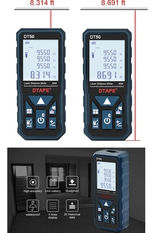 Pazly Taşınabilir Yüksek Hassasiyetli Mini Mesafe Ölçer, 50m Alan/hacim Ölçüm, 20 Veri Depolama, Lcd Ekran
