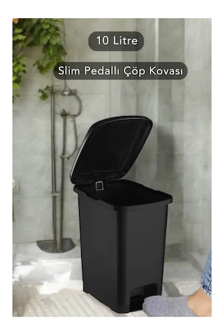 Slim Pedallı Banyo Mutfak Çöp Kovası 10 Litre Ergonomik Tasarım Plastik Malzeme İle Kullanışlı Siyah