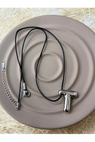 Premium Gümüş Renk Parlak 316l Çelik T Harf Deri Kordon Kolye 45cm