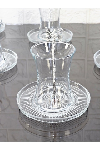 18 Parça Çay Seti Gümüş Kelebek Çay Kaşıklı 6 Bardak 6 Tabak 6 Kaşık Gümüş