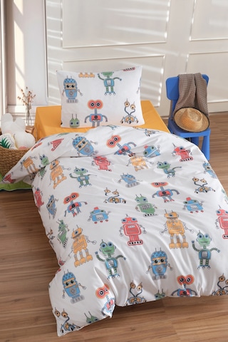 Eponj Home Tek Kişilik Pamuklu Nevresim Takımı 3 Parça Roboti Desen Beyaz / Yumuşak Dokulu Beyaz