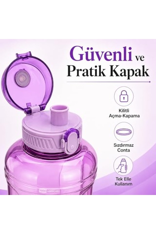2200 Ml Damacana Matara, Sızdırmaz Kilitli Kapaklı Büyük Boy Su Matarası, Ölçü Çizelgeli, Ergonomik Tutma Bölümlü Spor, Fitness, Ofis Ve Günlük Kullanım İçin Mor Su Şişesi
