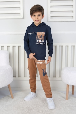 Moving Forward Kargo Cep Kapüşonlu 2 İplik Şardonlu Alt-üst Erkek Çocuk Eşofman Takımı Lacivert
