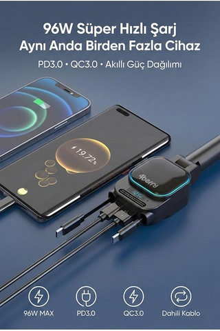 Sc07 96w Araç Şarj Cihazı Pd3.0 & Qc3.0 Hızlı Şarj, Çift Toplanabilir Kablo Type-c + Lightning , Led Ekran,