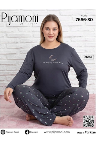 Pijamoni Kadın Milan Büyük Beden Bisiklet Yaka Uzun Kol İnce Pijama Takımı 7666/30 - 1 Adet Füme