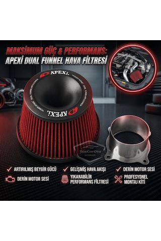 Apexi Universal Performans Ve Ses Arttırıcı Aparatlı Açık Hava Filtresi Seti +6 Hp Dual Funnel Kırmızı 76 Mm