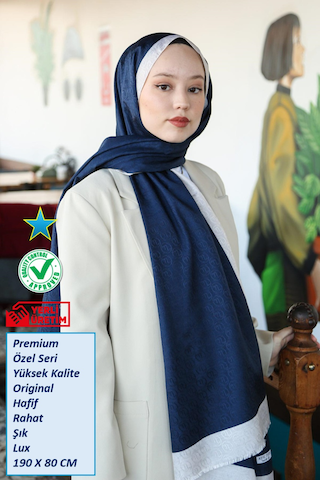 Premium Lux Original Monogram Şal İpek Vual, Yüksek Kalite, Hafif, Rahat, Şık, Tesettür, Shawl Lacivert Krem Şeritli
