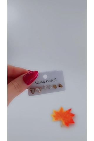 Kadın Kalp Set Çelik Küpe 3lü Set Altın