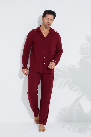 Siyah İnci Erkek Pamuklu Gömlek Yaka Düğmeli Biyeli Pijama Takım Bordo