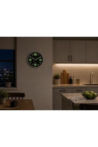 Fosforlu Rakamlı Duvar Saati Gece Parlayan Modern Dekoratif Saat Siyah