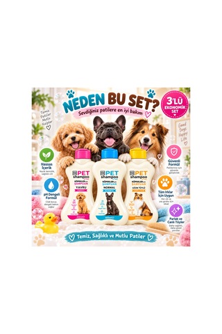 Köpek Şampuan Seti 3x400 Ml Yavru, Normal Ve Uzun Tüylü Köpekler İçin Premium Bakım Paketi