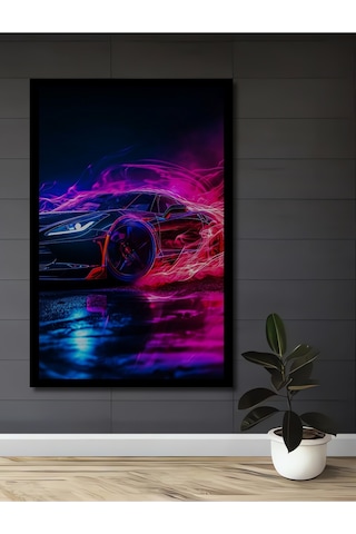 Neon Işıltılı Süper Spor Araba Yağlı Boya Görünümlü Ahşap Dekoratif Tablo Uynkfrk69016