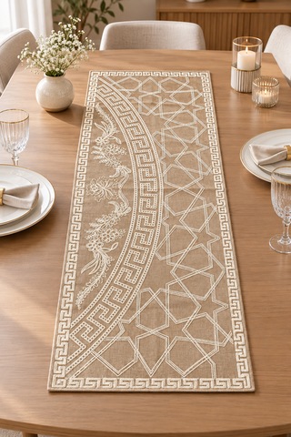 Nakışlı Geometrik Desenli Dekoratif Runner Masa Örtüsü 45x120 Cm Sütlü Kahve