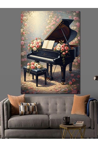 Ahşap Tablo Piyano Ve Çiçekler Müzik Teması