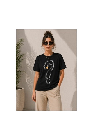 Butik İstanbul Kuğu Figürlü Soru İşareti Baskılı Tişört Kısa Kol T-shirt - Siyah