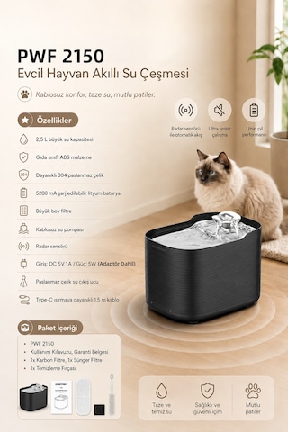 Pwf 2150 Akıllı Otomatik Sensörlü Kedi Köpek Paslanmaz Çelik Su Çeşmesi 2,5l - Petmate Flowsense - Siyah