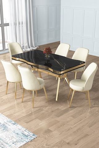 Canisa Prah Serisi 90x160 Lak Panel Sonata Desen Gold Ayak Masa Takımı 6 Krem Sandalye Sonata Masa Krem Sandalye Ayaklar Gold