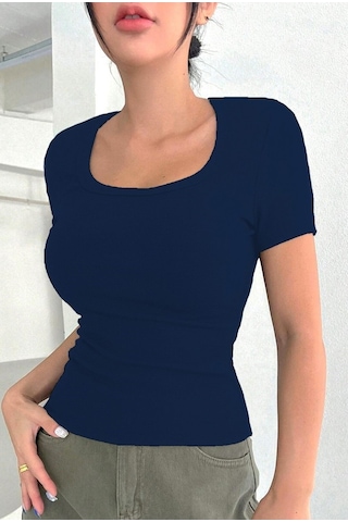 Rooted Kadın Kare Yaka T-shirt & Bluz , Likralı Fitilli Kaşkorse Kumaş Lacivert