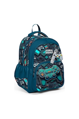 Coral High Kids Nefti Gamer Desenli Üç Bölmeli Okul Sırt Çantası 14423 Petrol Yeşil