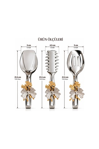 Premium 3 Lü Servis Maşa Seti, Gold Gümüş Detaylı Makarna Salata Pasta Kek Sunum Maşa Seti