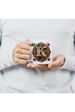 K Harfi Boho Bardak, Renkli Özel Tasarım Hediyelik Harfli Kupa, 330ml Porselen Beyaz