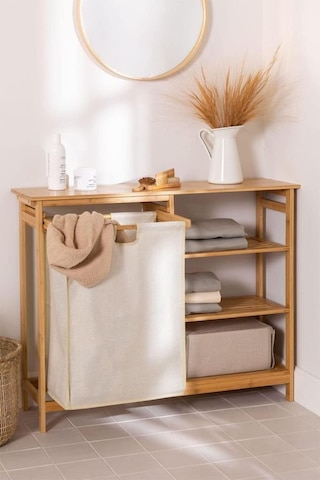 Digithome Bambu 3 Raflı 1 Bölmeli Kirli Sepetli Banyo Düzenleyici Çamaşır Sepeti Organizer Db-0008 Ahşap