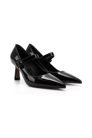 Gönderi R Siyah Rugan Sivri Burun Kadeh Ökçe Mary Jane Ayakkabı Siyah Rugan