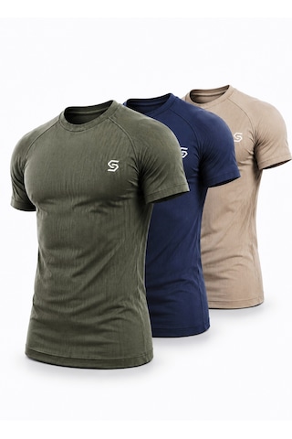 Sapeur 3'lü Erkek Premium Ribana Compression Spor Ve Günlük Tişört - Ultra Esnek Ve Nefes Alan Haki - Lacivert - Bej