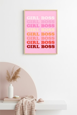Doğal Ahşap Çerçeveli Retro Pop Art Tablo - Girl Boss Sloganı Yazı Huhu2830