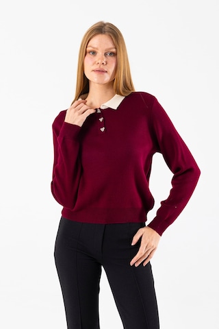 Giysa Kadın Polo Yaka Düğme Detaylı Triko Kazak Bordo - 25k 2546 Bordo