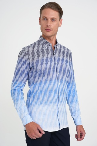 Comfort Fit Pano Desen Düğme Yaka %100 Keten Mavi Gömlek G 1594 Mavi