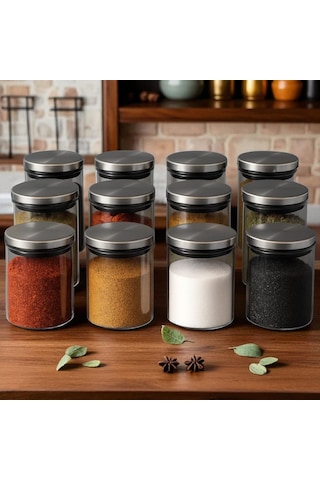 300 Ml 70 Mm X 100 Mm 12 Lı Borosilikat Cam Baharatlık Seti-sızdırmaz Sılıkonlu Metal Kapak Beyaz