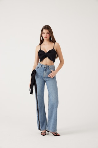 Holly Lolly Yüksek Bel Kurdele Detaylı Wide Leg Kyla Jean Pantolon Siyah