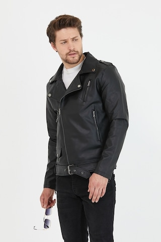 Erkek Siyah Yeni Sezon Çapraz Fermuarlı Kemerli Deri Ceket Mont-Siyah