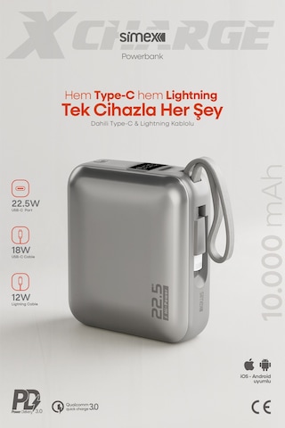Simex 10.000 Mah 22.5w Hızlı Şarj Pd Powerbank Kendinden Kablolu Ve Dijital Göstergeli Taşınabilir Cihazı Standart Simex 10.000 Mah 22.5w Hızlı Şarj Pd Powerbank Kendinden Kablolu Ve Dijital Göstergeli Taşınabilir Cihazı Standart