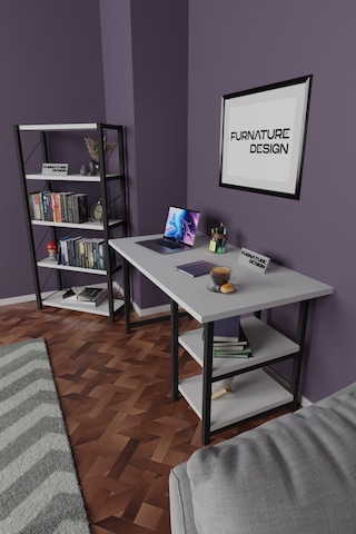 Metal Kitaplık 5 Raflı + 60x120 Cm Çalışma Masası Beyaz