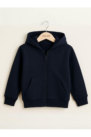Çocuk Fermuarlı İnce Mevsimlik Basic Kapüşonlu Okul Hırkası-16092 Lacivert